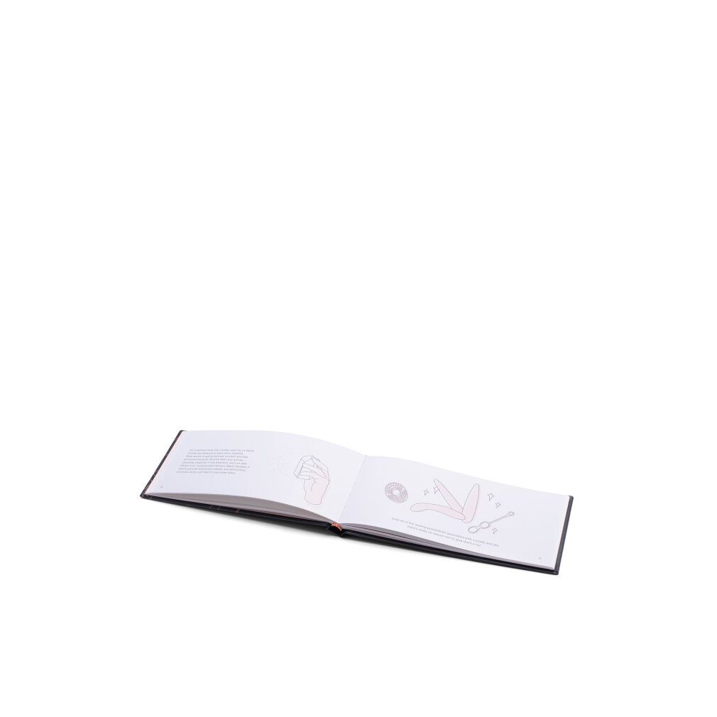 Libro aperto con illustrazioni e testo. Copertina nera, dorso rosso.