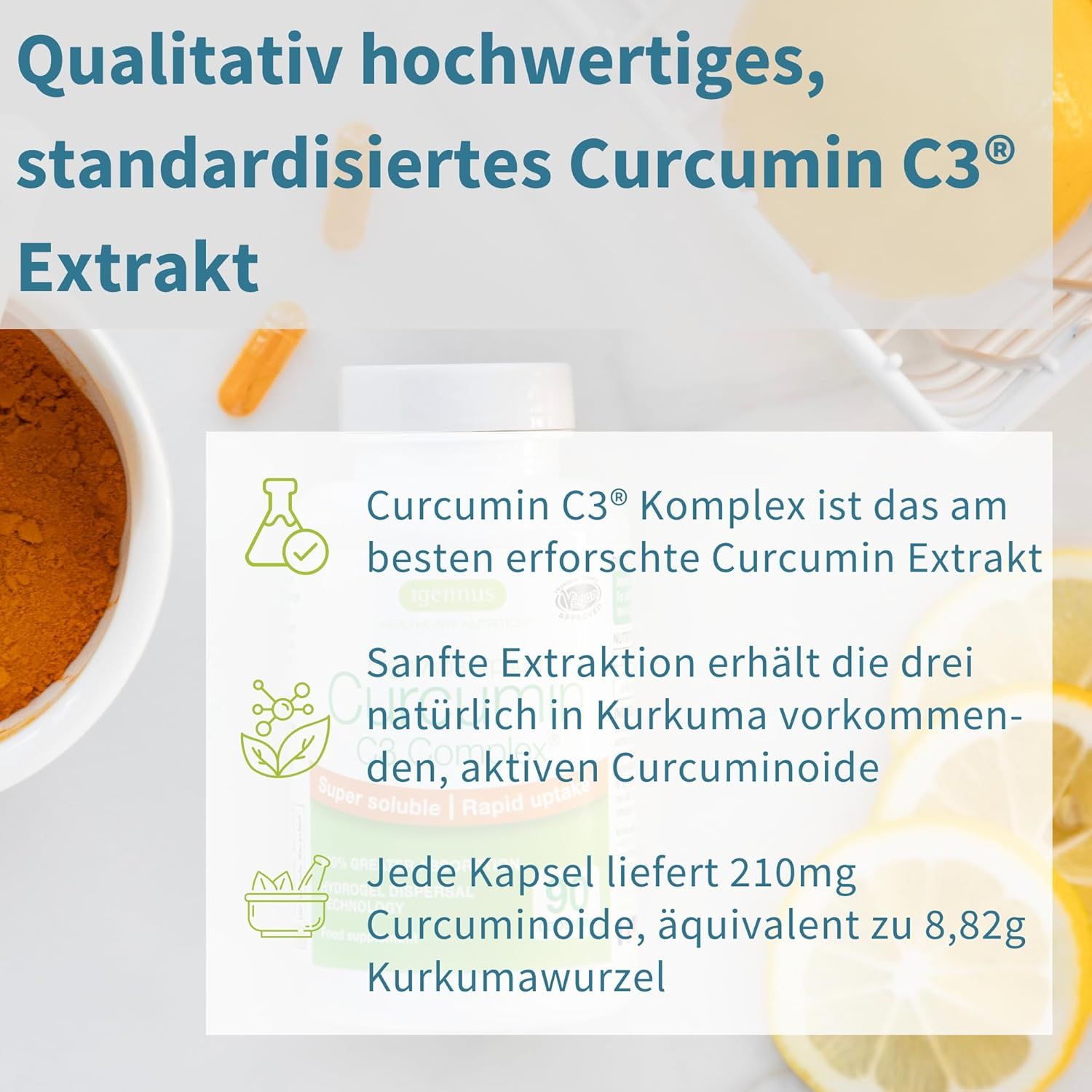 Infografica: Estratto di curcumina C3 standardizzato di alta qualità. Contiene 210 mg di curcuminoidi.