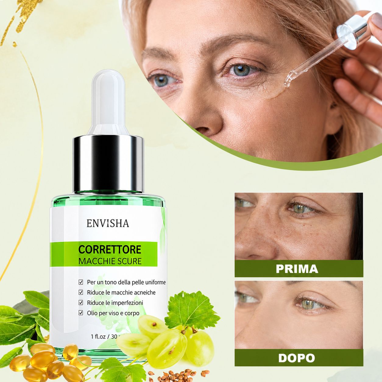 Flacone di vetro verde con contagocce. ENVISHA Corrector Oil. Effetto prima/dopo. Donna con contagocce. Uva, capsule.