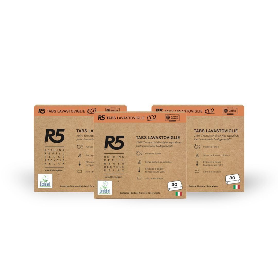 Tre confezioni di R5 Tabs Lavastoviglie Eco. Logo Ecolabel. 30 tabs per confezione.