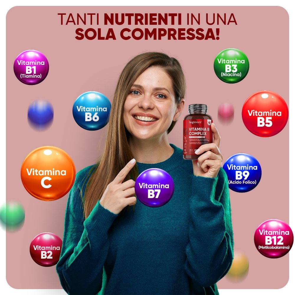 Donna che tiene un flacone di Vitamin B Komplex. Testo: TANTI NUTRIENTI IN UNA SOLA COMPRESSA! Vitamine in cerchi.