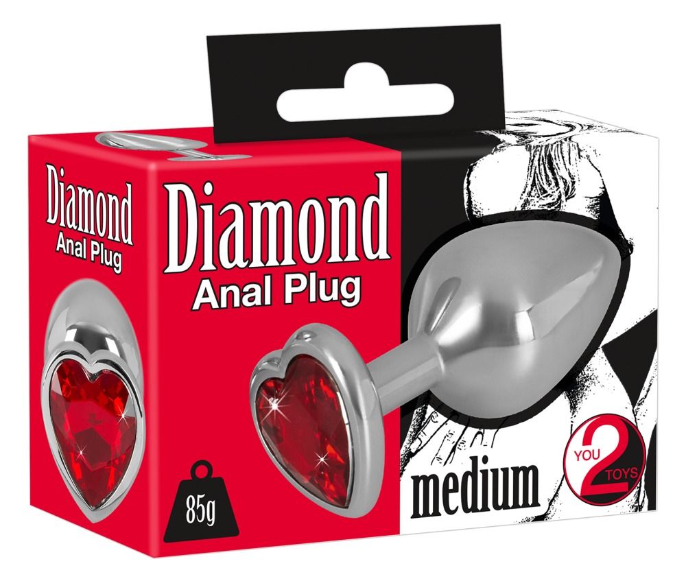 Confezione del "Diamond Anal Plug" con applicazione a cuore rossa, taglia Medium.