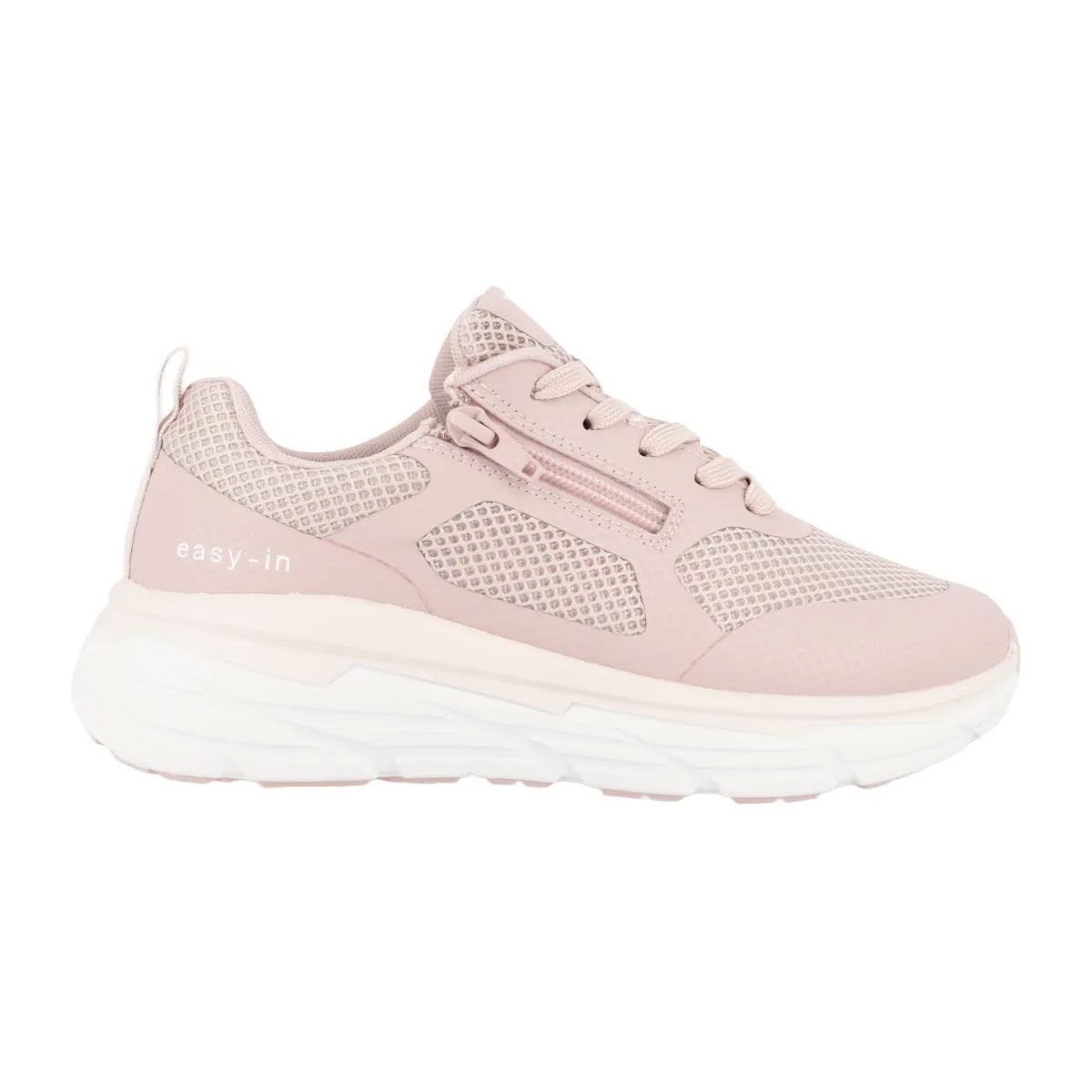 Scarpa da ginnastica rosa. Inserti in mesh, zip, lacci. Scritta 'easy-in'. Suola bianca.