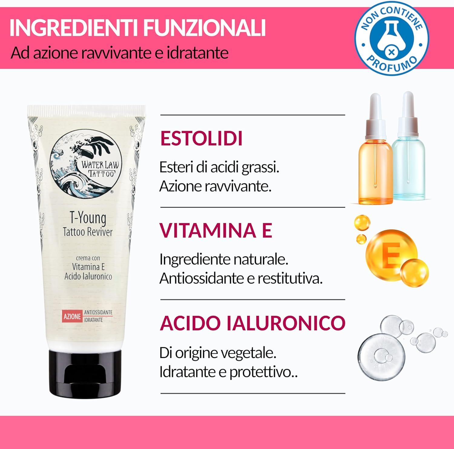 Tubo di crema con testo e ingredienti. Testo: T-Young Tattoo Reviver. Contiene vitamina E e acido ialuronico. Logo Vegan Friendly. Senza profumo.