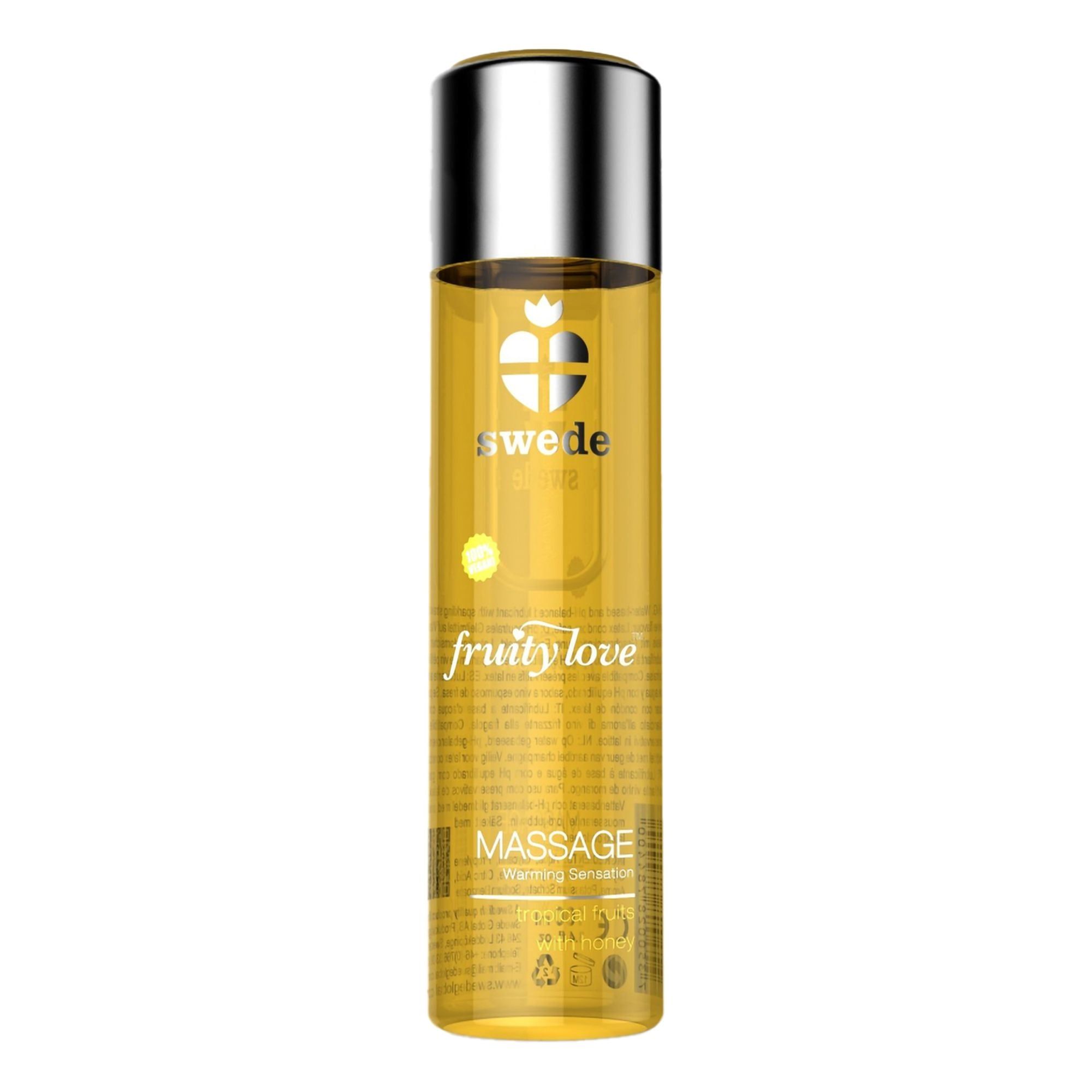 Flacone cilindrico con tappo argentato. Scritta: Swede, Fruity Love, Massage.