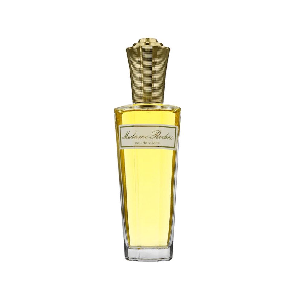 Flacone di profumo con tappo dorato. Scritta: Madame Rochas Eau de Toilette.