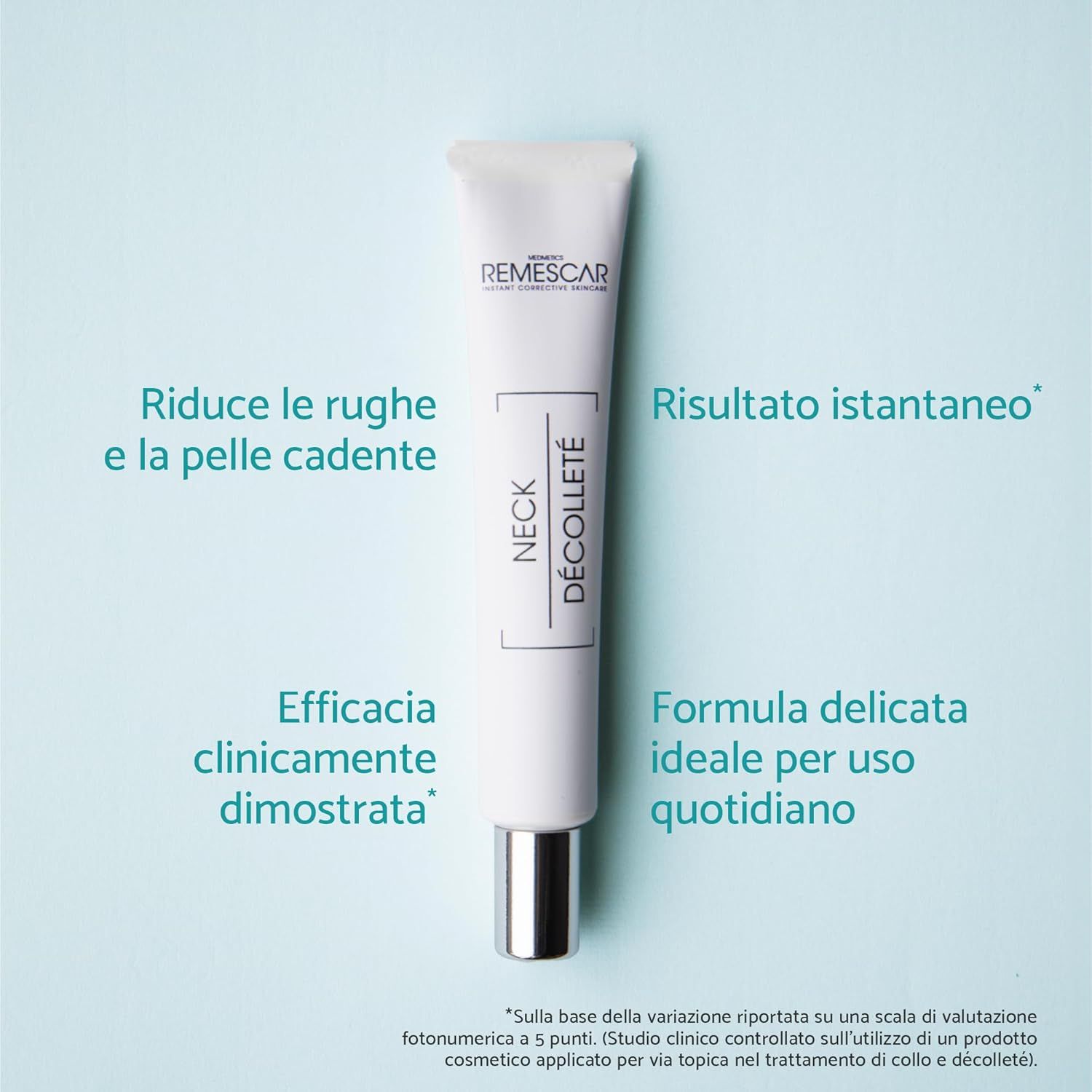 Testo: Riduce le rughe e la pelle cadente, Risultato istantaneo, Efficacia clinicamente dimostrata, Formula delicata.