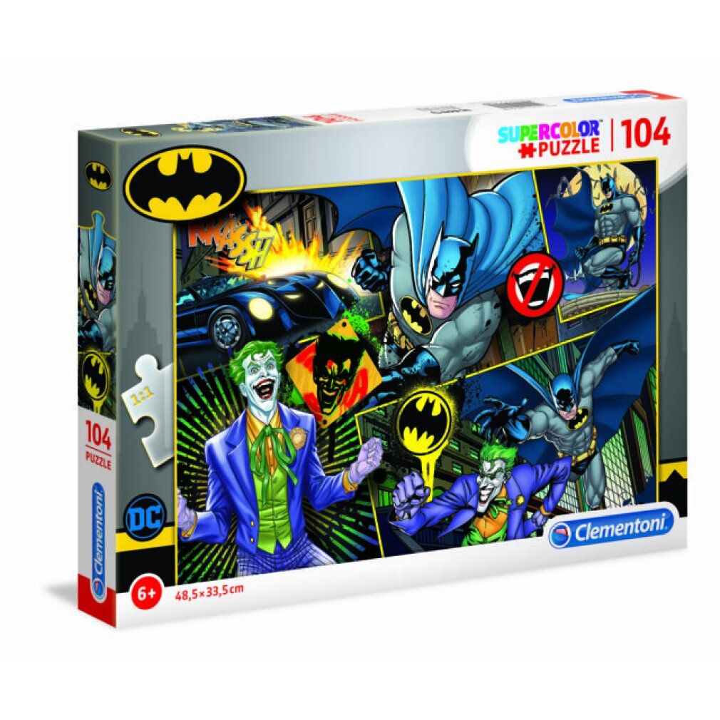 Scatola puzzle con Batman e Joker. Contiene 104 pezzi. Marchio: Clementoni. Per bambini dai 6 anni in su. Dimensioni: 48,5 x 33,5 cm.