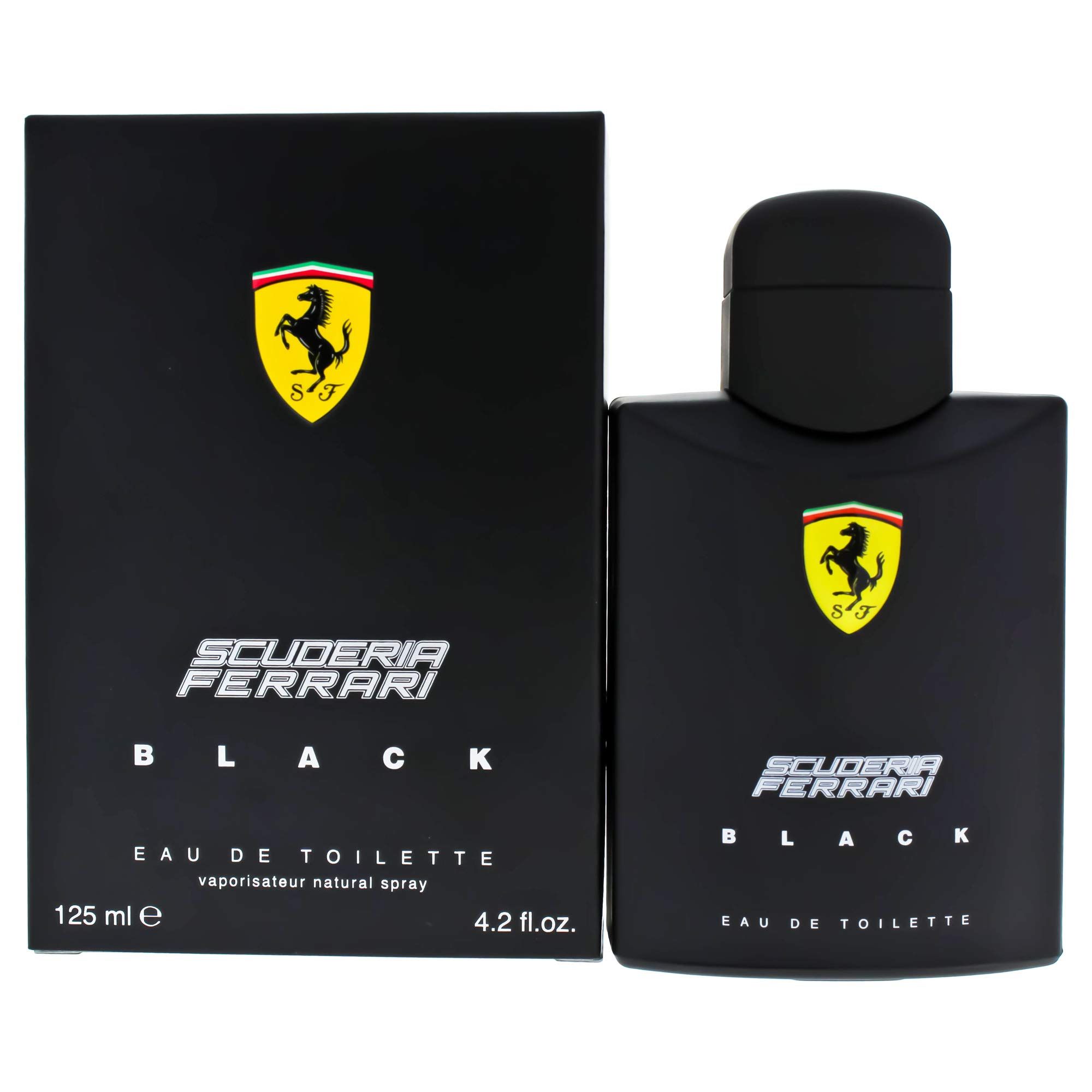 Flacone e confezione neri. Logo e scritta Scuderia Ferrari Black. 125 ml.