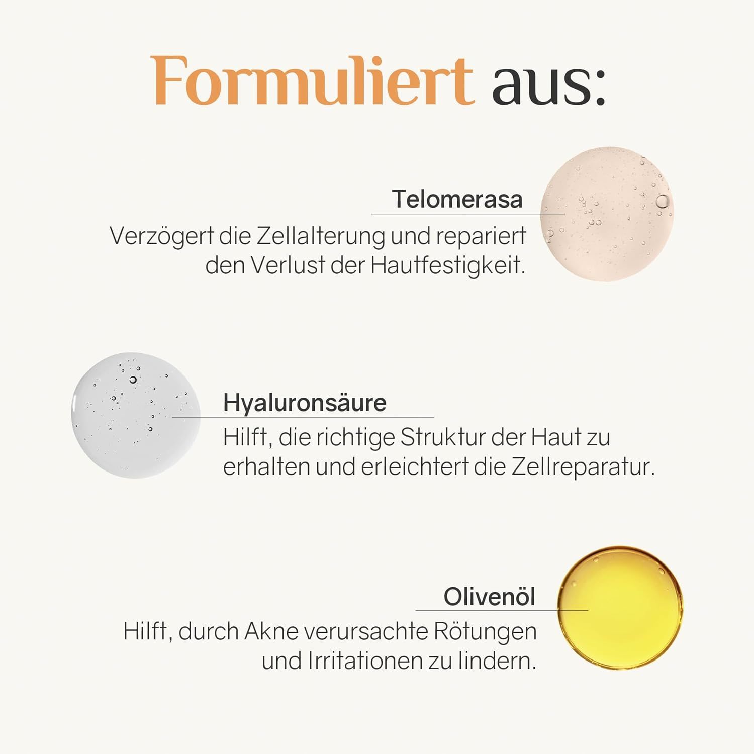 Grafico circolare con ingredienti: Telomerasi, acido ialuronico, olio d'oliva. Testo: Rallenta l'invecchiamento cellulare.