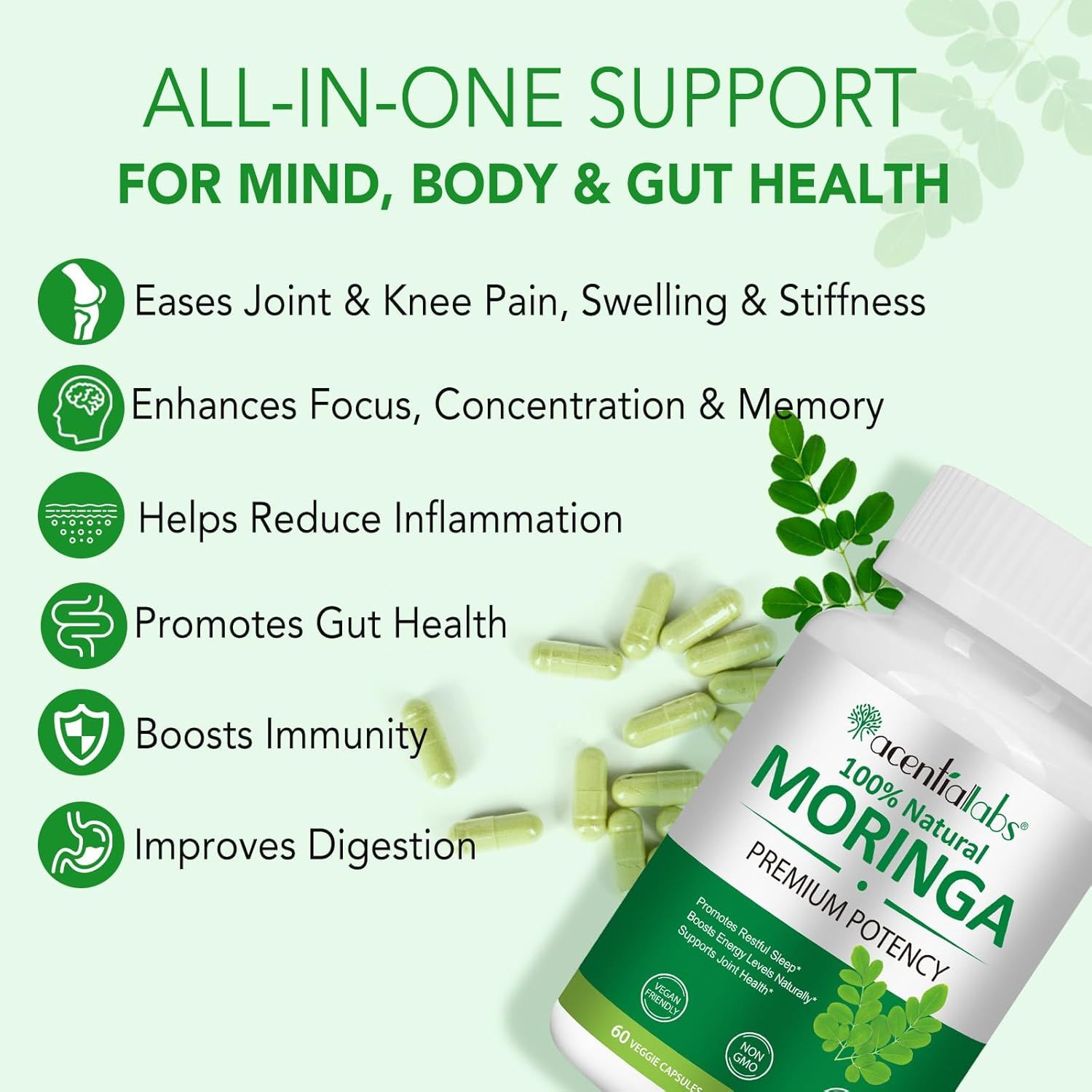 Capsule Zoxpm Moringa: Flacone accanto a un elenco di benefici come il sollievo dal dolore articolare e il miglioramento della digestione.