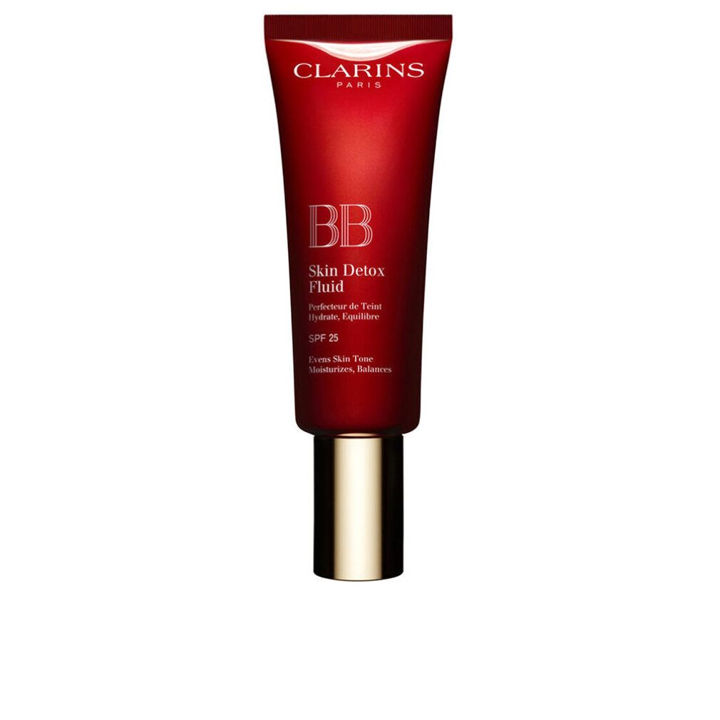 Tubo rosso con tappo dorato. Scritta: BB Skin Detox Fluid SPF25. Marchio: Clarins.