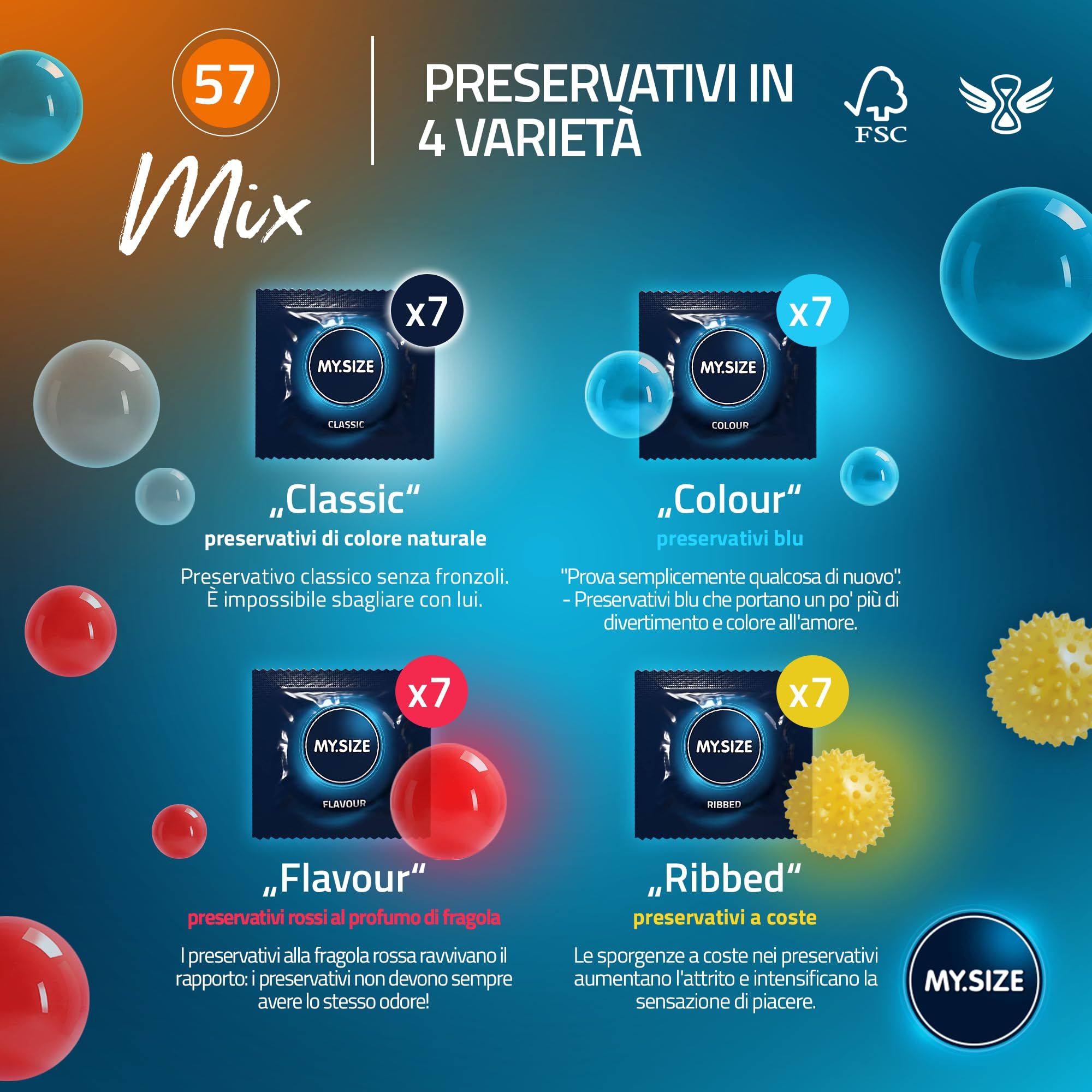 Preservativi MY.SIZE Mix: 4 varianti, misura 57mm. Classic, Colour, Flavour, Ribbed.