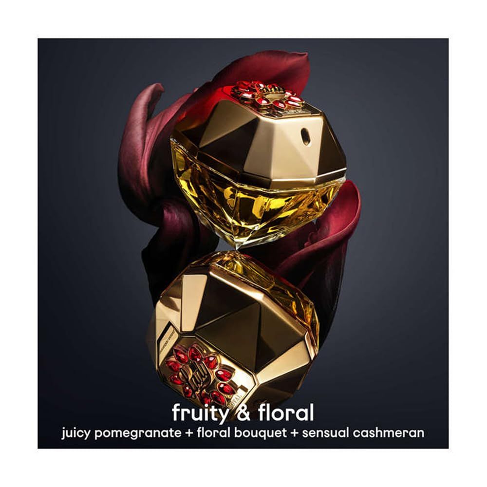 Due flaconi dorati con coperchio rosso. Testo: "fruity & floral".
