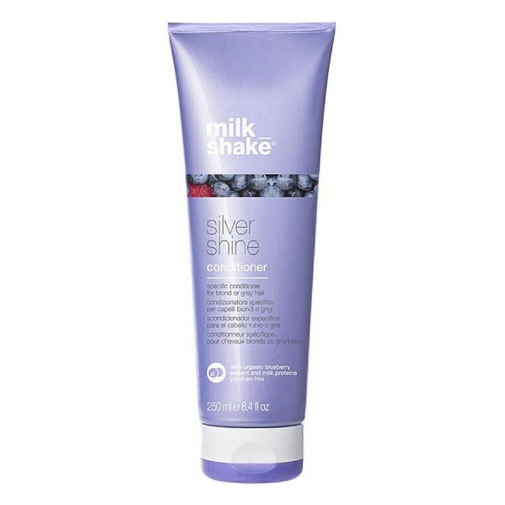Tubo lilla con scritta "milk shake" e "Silver Shine Conditioner". Contiene 250 ml. Motivo mirtilli.