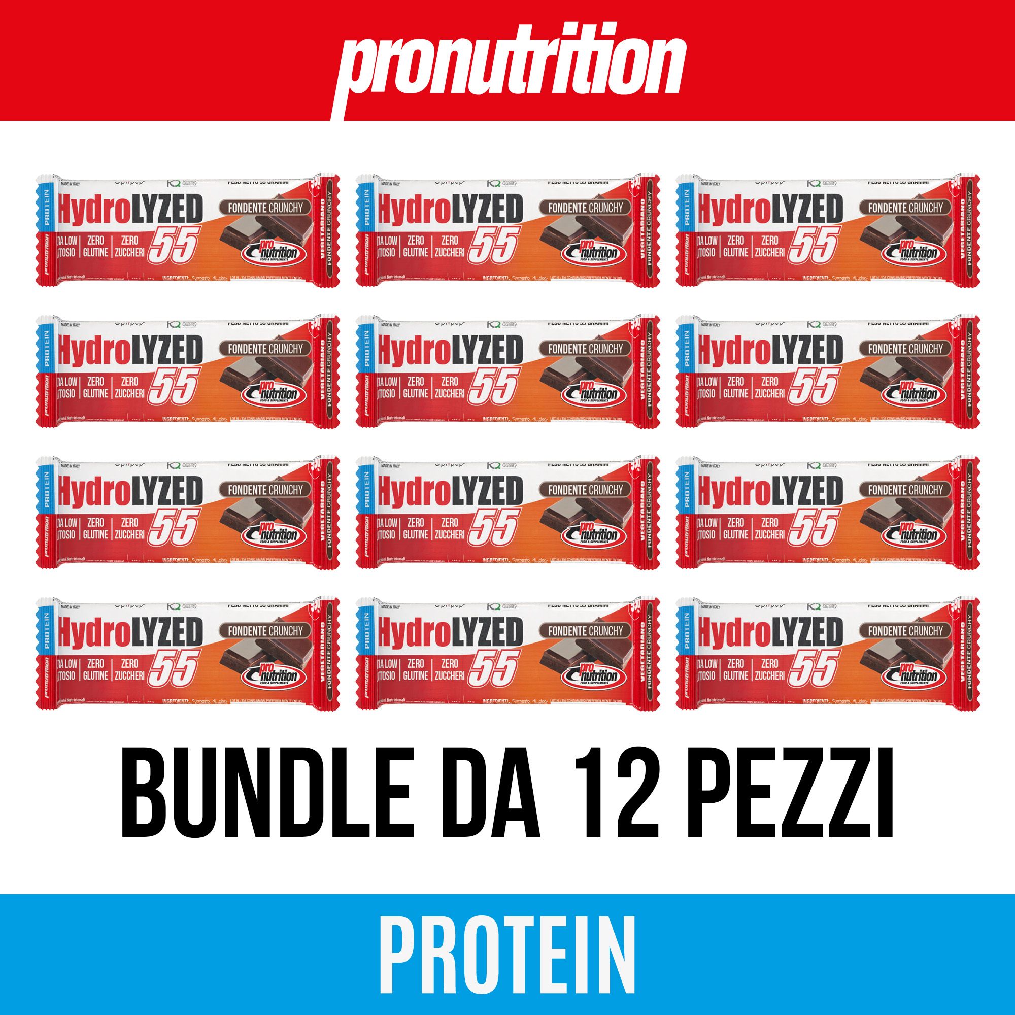Confezione da 12 barrette proteiche. Scritta: Hydrolyzed 55, Zero zuccheri, Senza glutine, Senza lattosio. Marca: Pronutrition.
