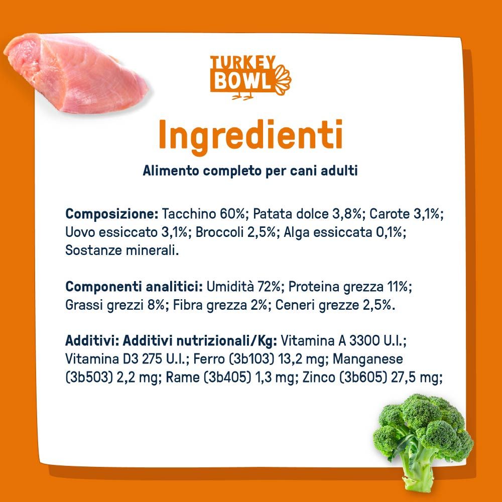 Lista ingredienti cibo per cani. Contiene tacchino, patate dolci, carote, uova, broccoli, alghe. Componenti analitici.