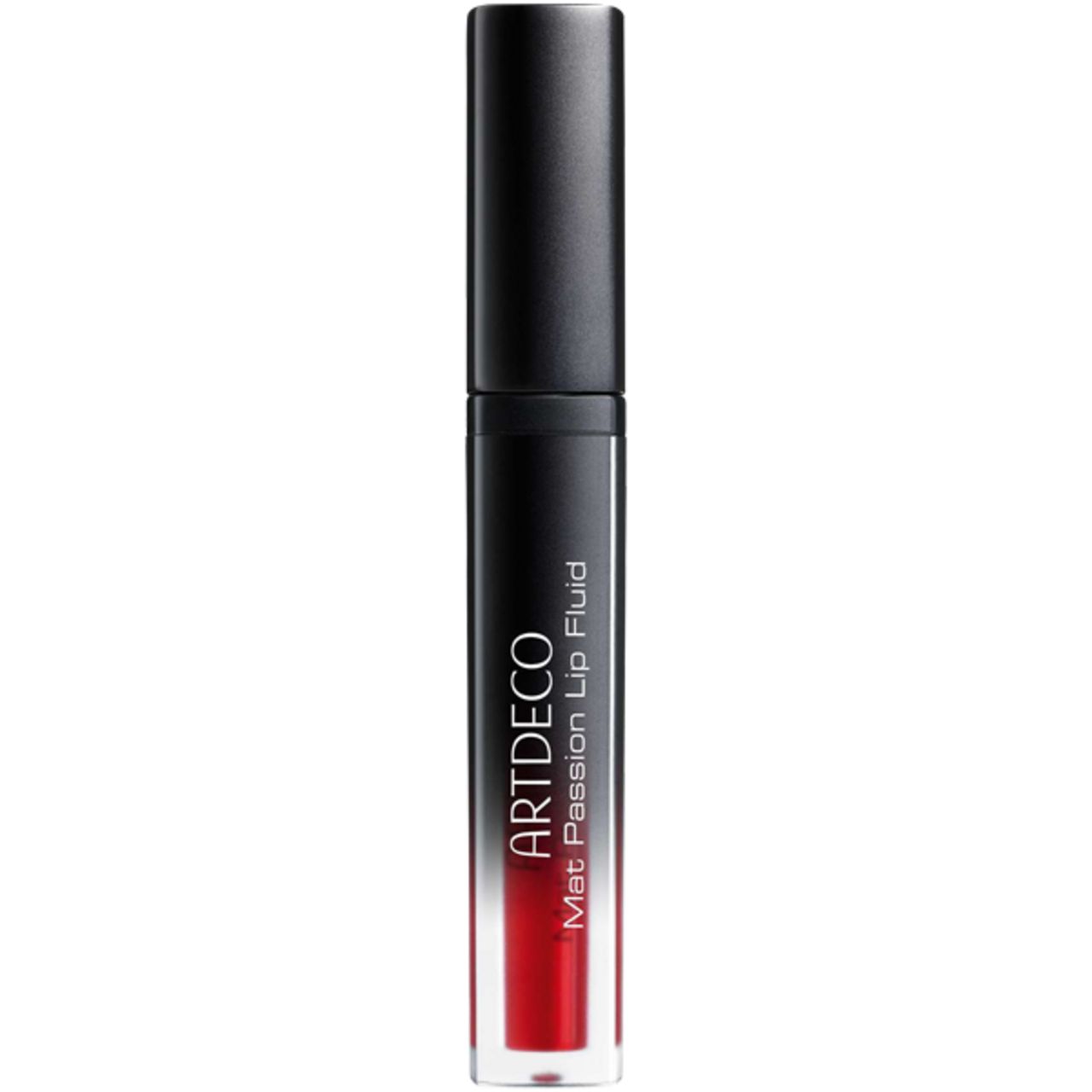 Flacone di lip fluid. Tappo nero, flacone trasparente. Scritta: ARTDECO Mat Passion Lip Fluid.