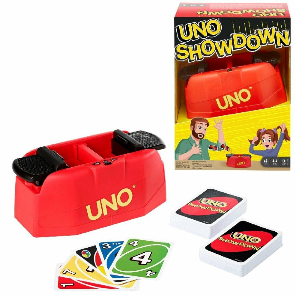 Gioco UNO Showdown rosso. Include carte, lanciatore di carte rosso e confezione. La confezione mostra il gioco in azione.
