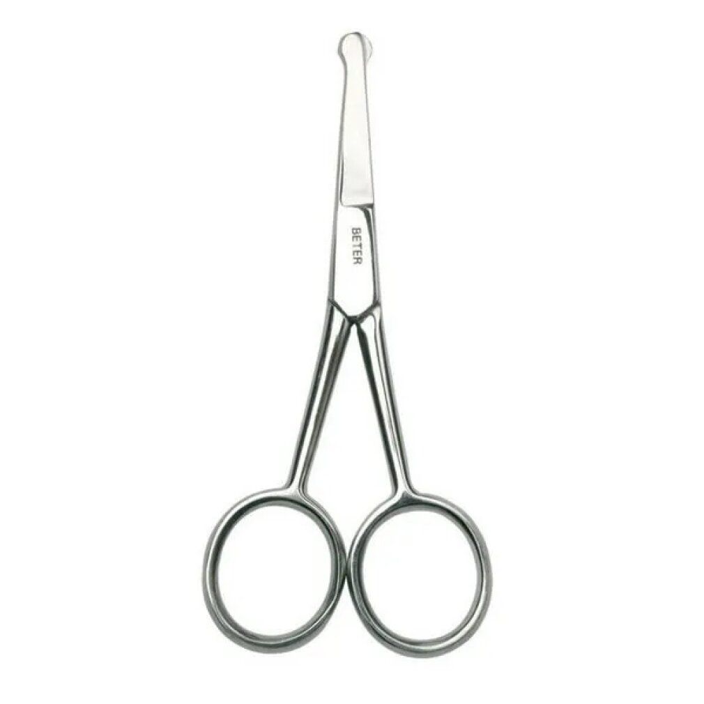 Forbici in acciaio inox a punta smussata. Marchio BETER. Metallo argentato. Anelli per le dita. Per la cura della salute.