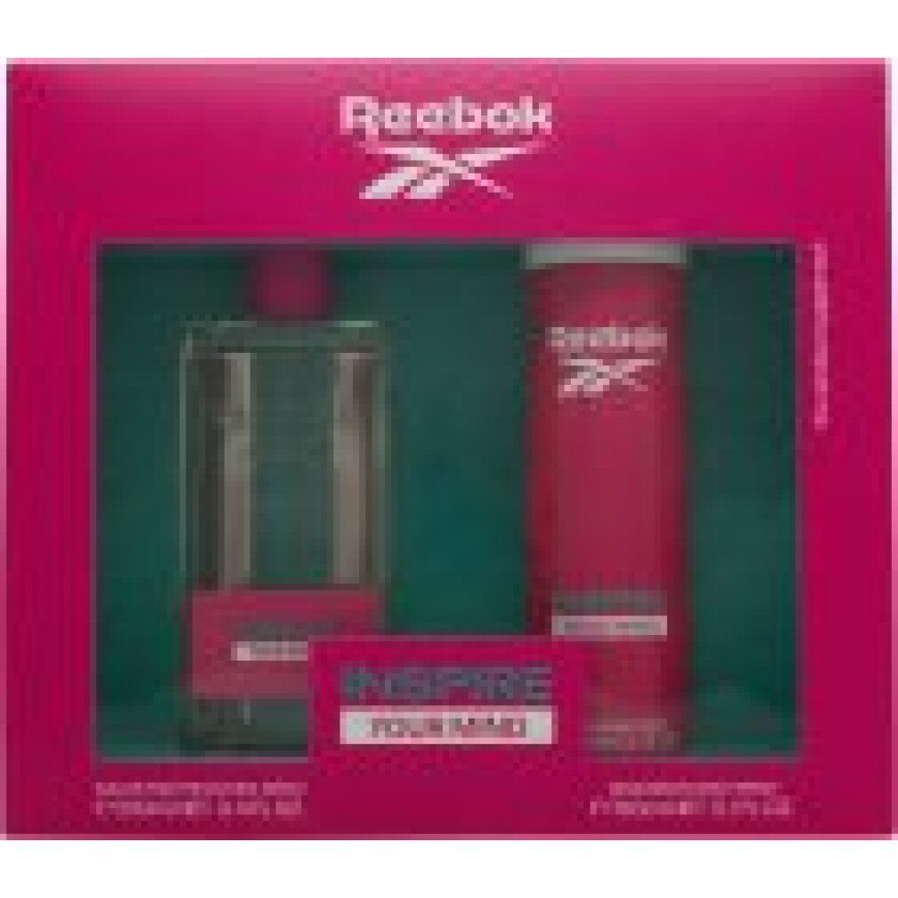 Set regalo con due prodotti: flacone e spray. Confezione rosa con logo Reebok. Scritta: INSPIRE YOUR MIND.