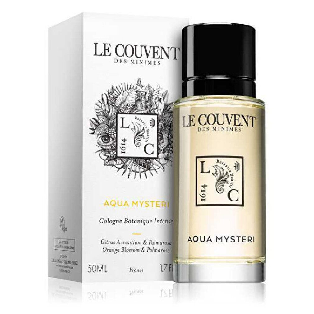 Flacone e confezione. Scritta: LE COUVENT des MINIMES, AQUA MYSTERI. Logo con LC e 1614. Confezione con informazioni.