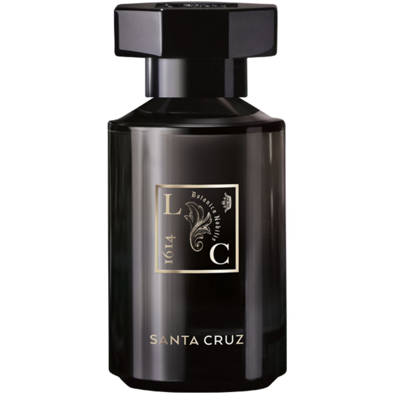 Flacone nero con tappo nero. Testo dorato "SANTA CRUZ" e logo con "1614" visibili.