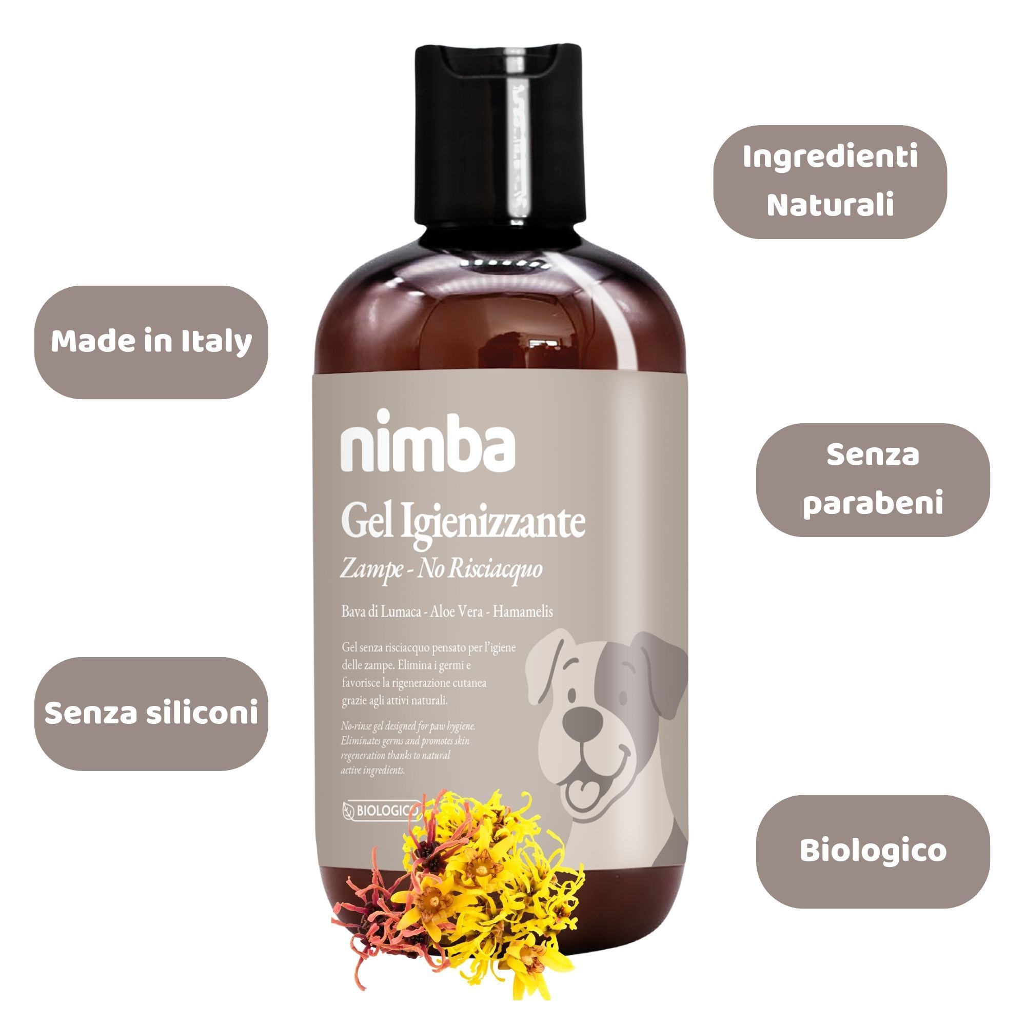 Flacone marrone con tappo nero. Etichetta con nome prodotto, cane, fiori e testo. Etichette aggiuntive.