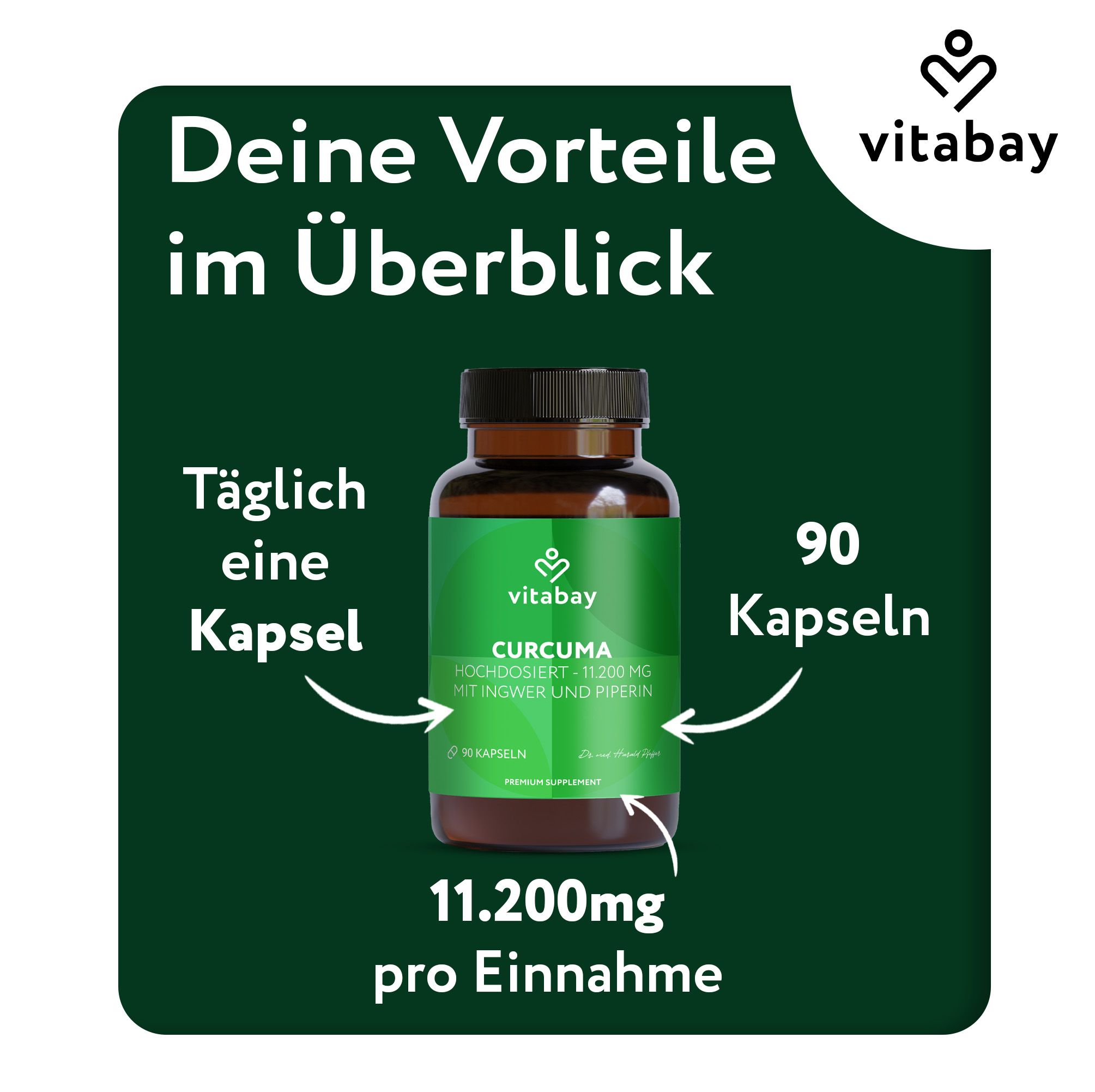 Flacone di vetro marrone con etichetta verde. Testo: Vitabay Curcuma Extrakt, 90 capsule, 11.200mg per assunzione. Coperchio nero.