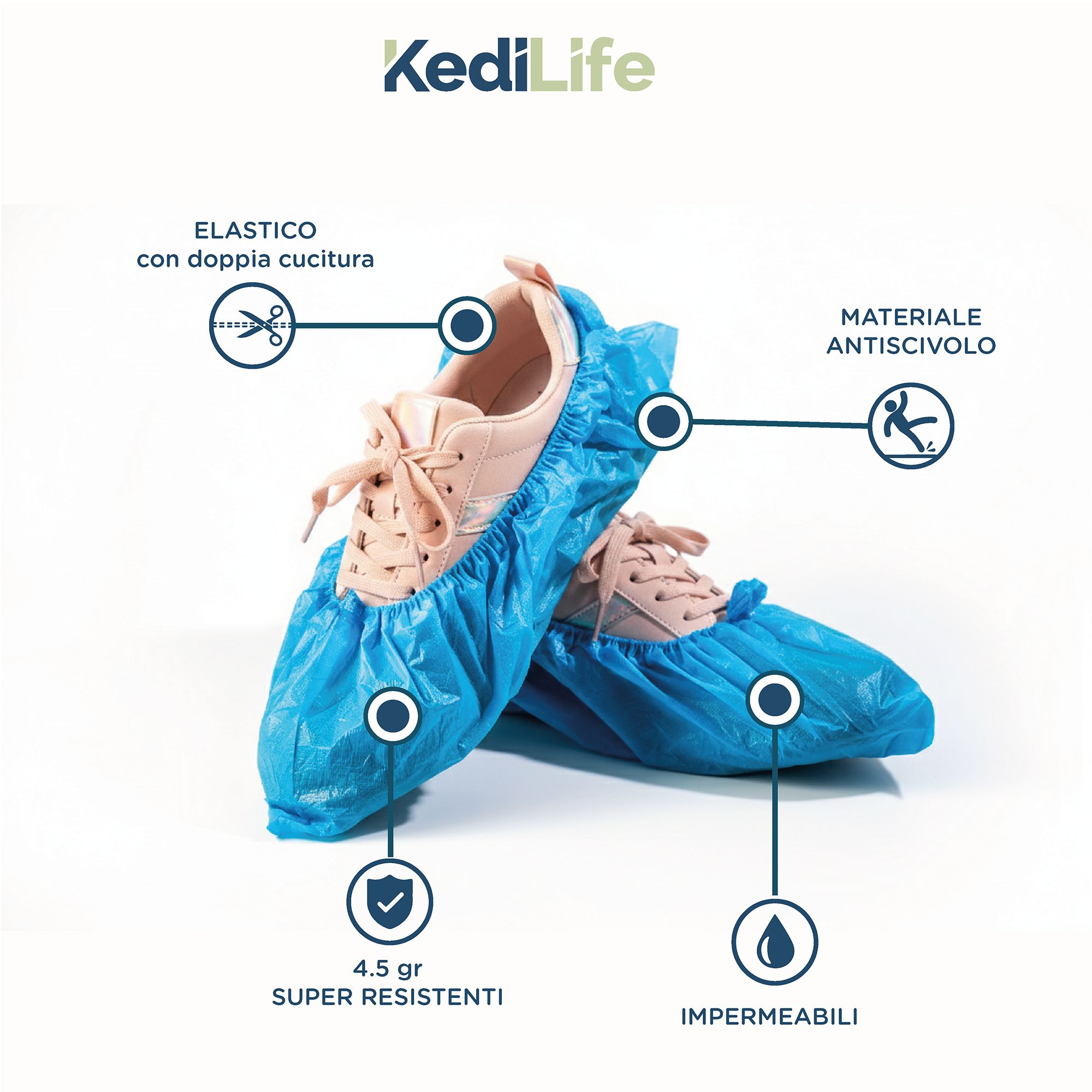 Copriscarpe blu con testo. Testo: elastico, doppia cucitura, antiscivolo, 4,5 g super resistenti, impermeabili.