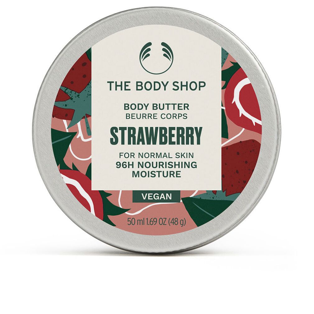 Barattolo rotondo con coperchio argentato. Scritta: The Body Shop, Body Butter, Strawberry, 96H Moisture, Vegan, 50 ml.