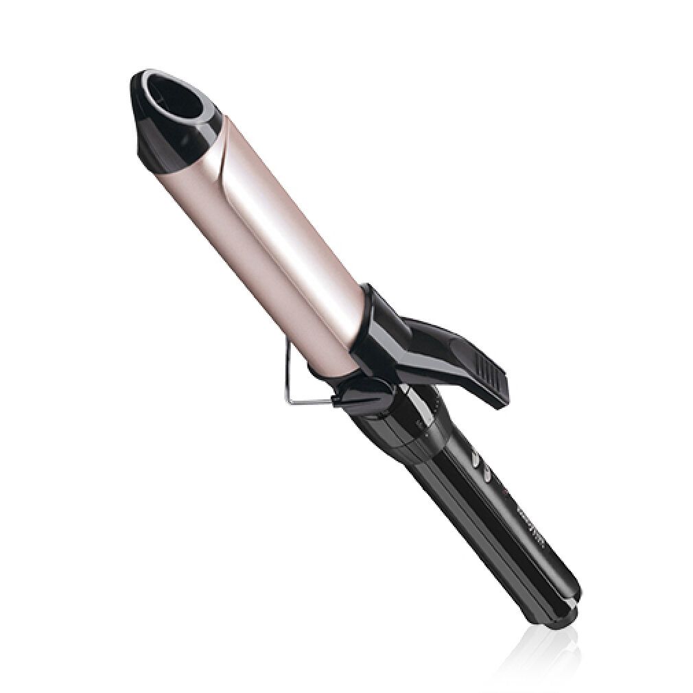 Arricciacapelli nero e oro rosa. Con manico, leva e controllo della temperatura. Su sfondo bianco.