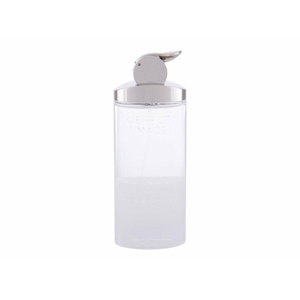 Cerruti Image Eau de Toilette Spray. Flacone trasparente con tappo argentato. Liquido bianco nella parte inferiore.