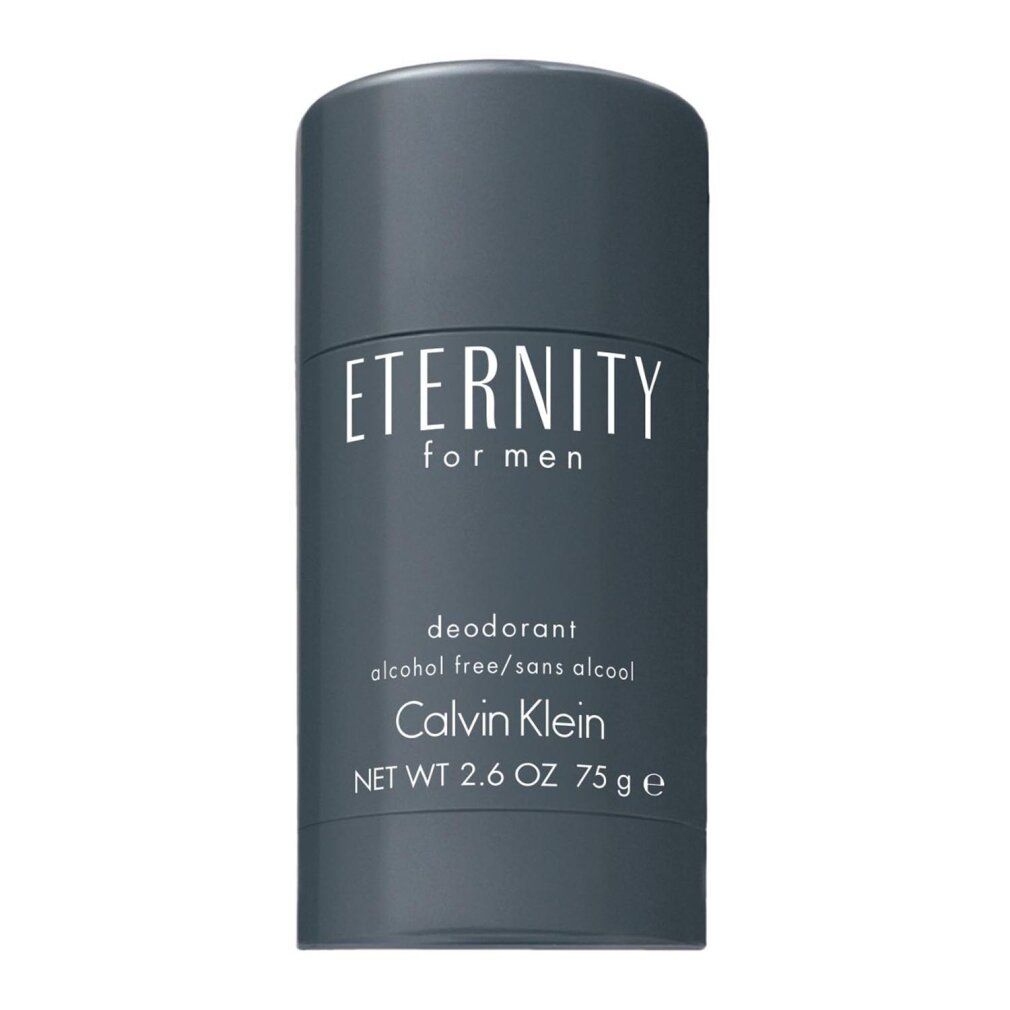 Deostick Eternity for Men di Calvin Klein. Cilindro grigio. Scritta Eternity for Men, deodorante, senza alcool. 75g.