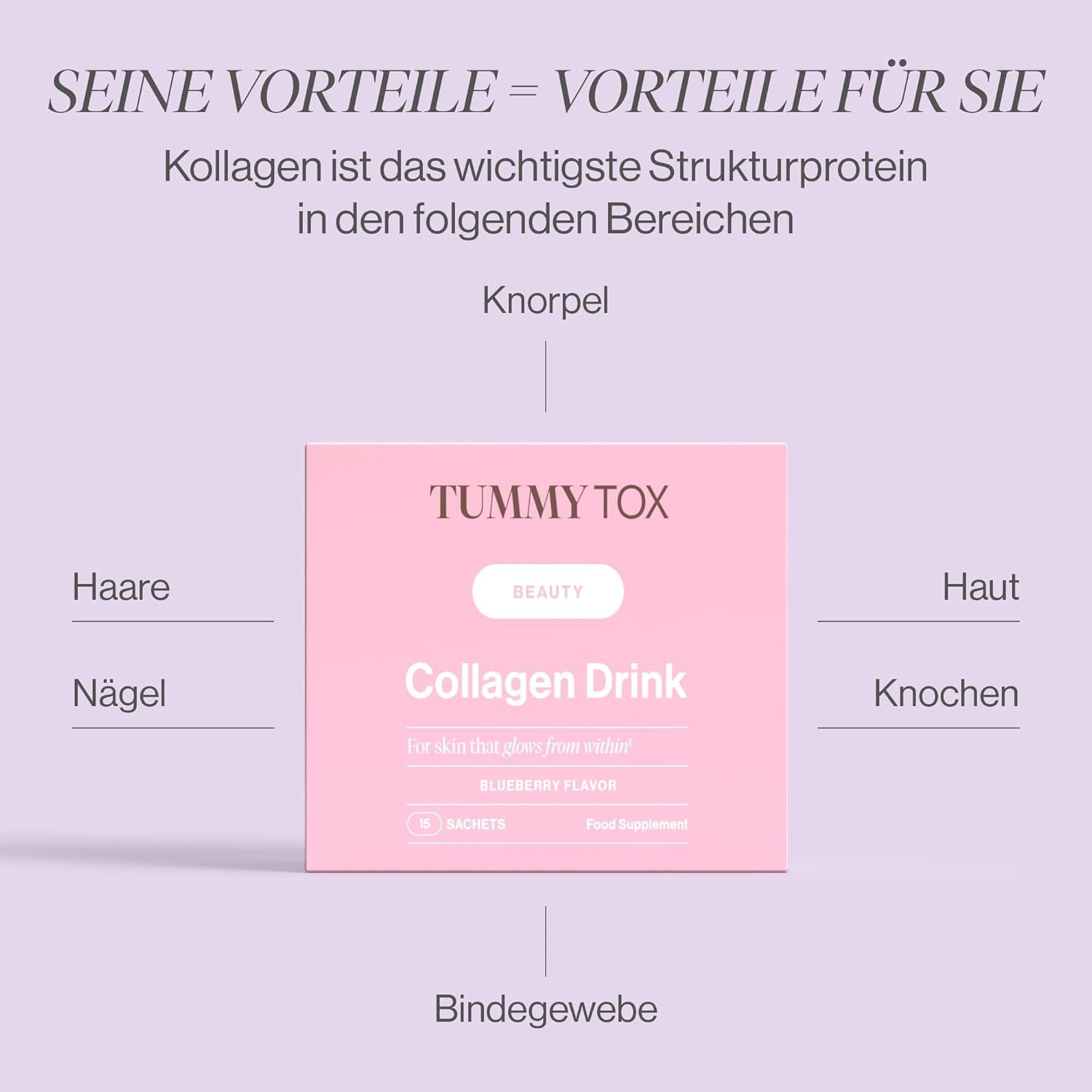 Confezione rosa "Tummy Tox Collagen Drink". Aree: capelli, unghie, pelle, ossa, tessuto connettivo. Testo in tedesco.