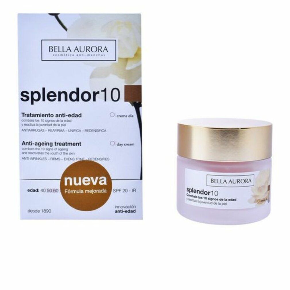 Vaso di crema e scatola. Scritta: splendor10, Bella Aurora. Trattamento anti-età. SPF20. Vaso rosa con coperchio dorato.