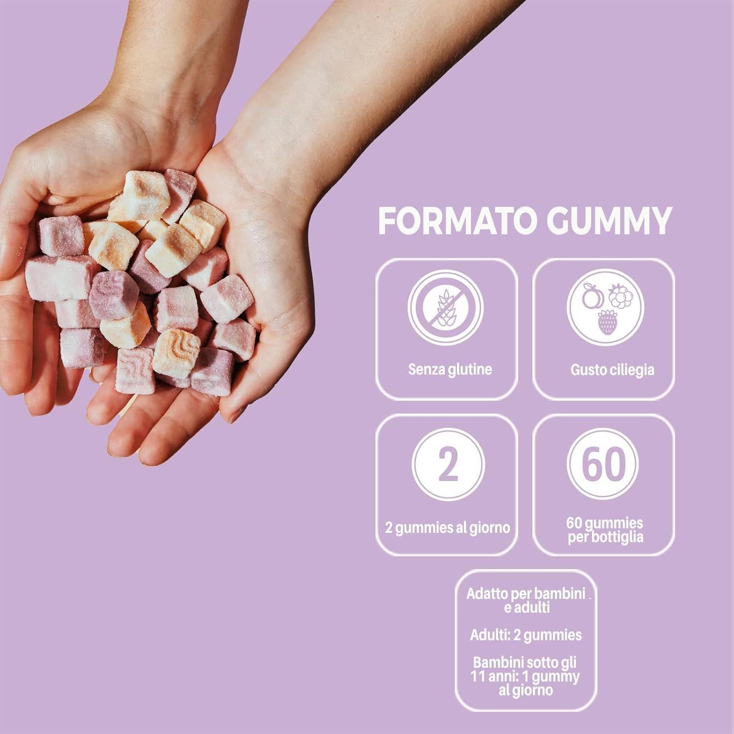 Mani che tengono caramelle gommose. Testo: Formato Gummy. Senza glutine, gusto ciliegia, 2 caramelle gommose al giorno, 60 per flacone. Per bambini e adulti.