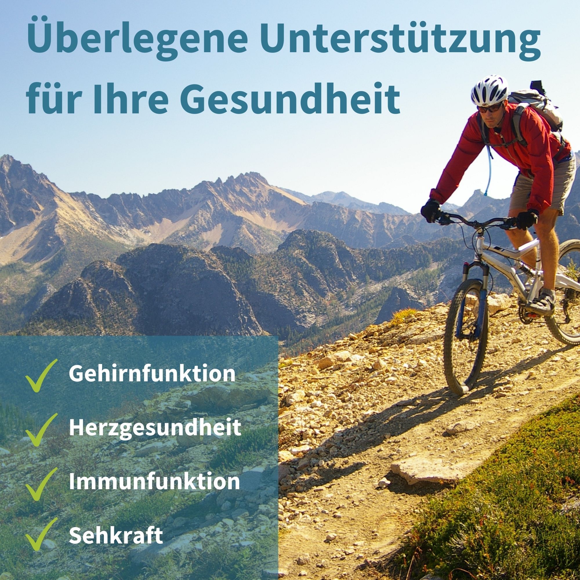 Uomo in bicicletta in montagna. Testo: Funzione cerebrale, salute del cuore, funzione immunitaria, vista.