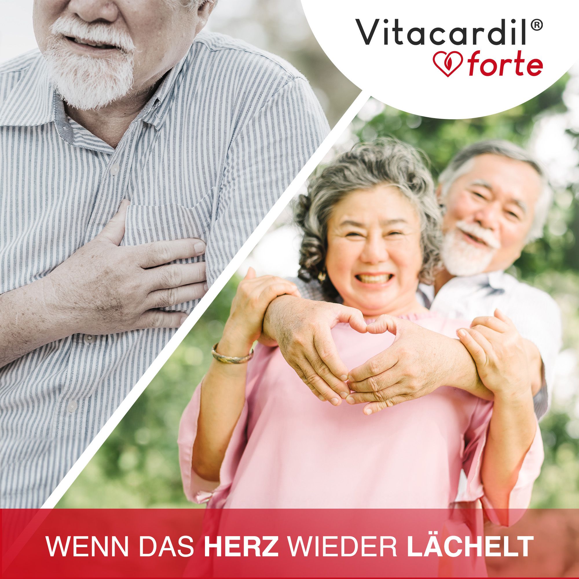 Una coppia anziana forma un cuore con le mani. Sullo sfondo, un uomo con dolore al petto. Il prodotto è Vitacardil® forte.