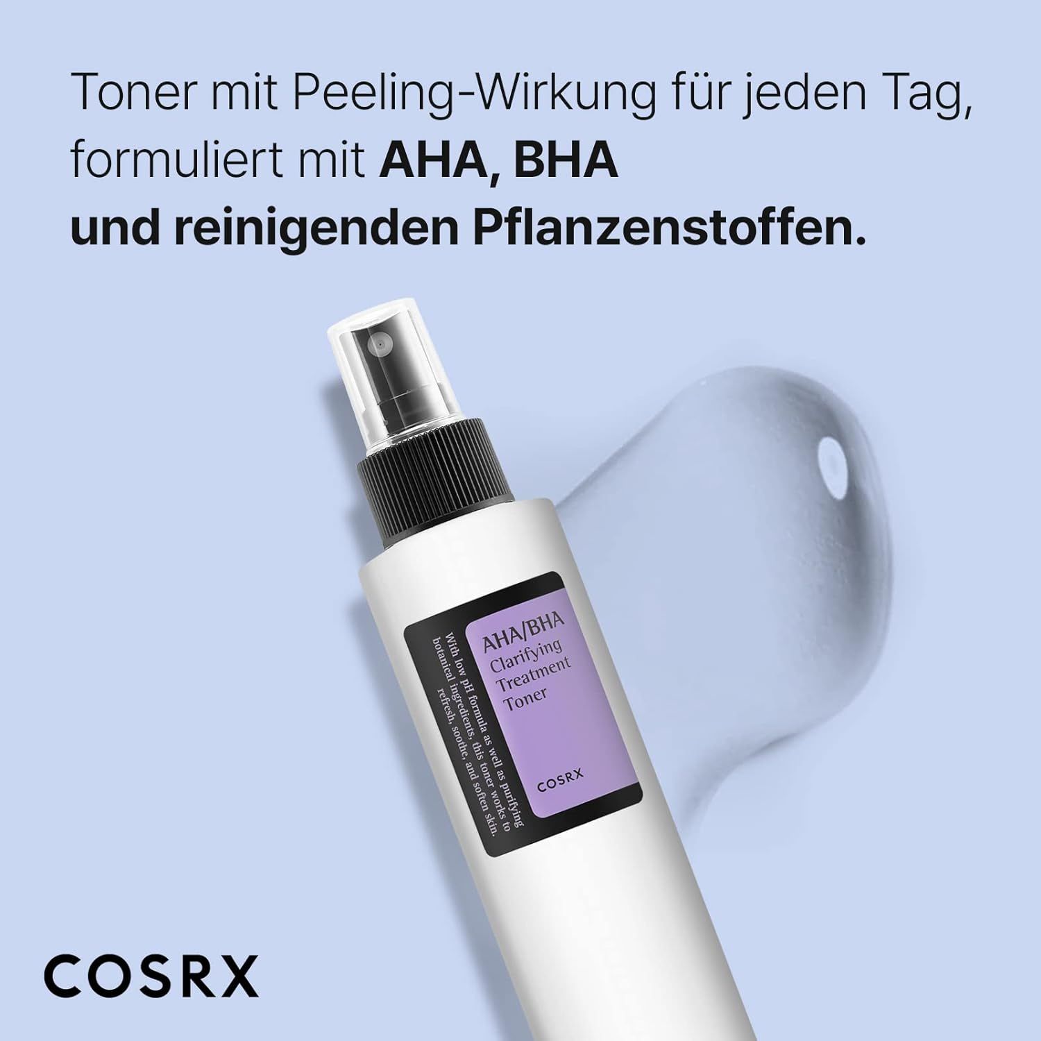 Flacone di toner con vaporizzatore. Testo: AHA/BHA Clarifying Treatment Toner. Marchio COSRX. Sfondo: liquido blu.