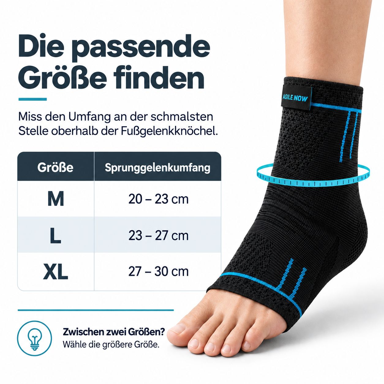 Cavigliera AGILE NOW: tabella taglie M (20-23cm), L (23-27cm), XL (27-30cm).