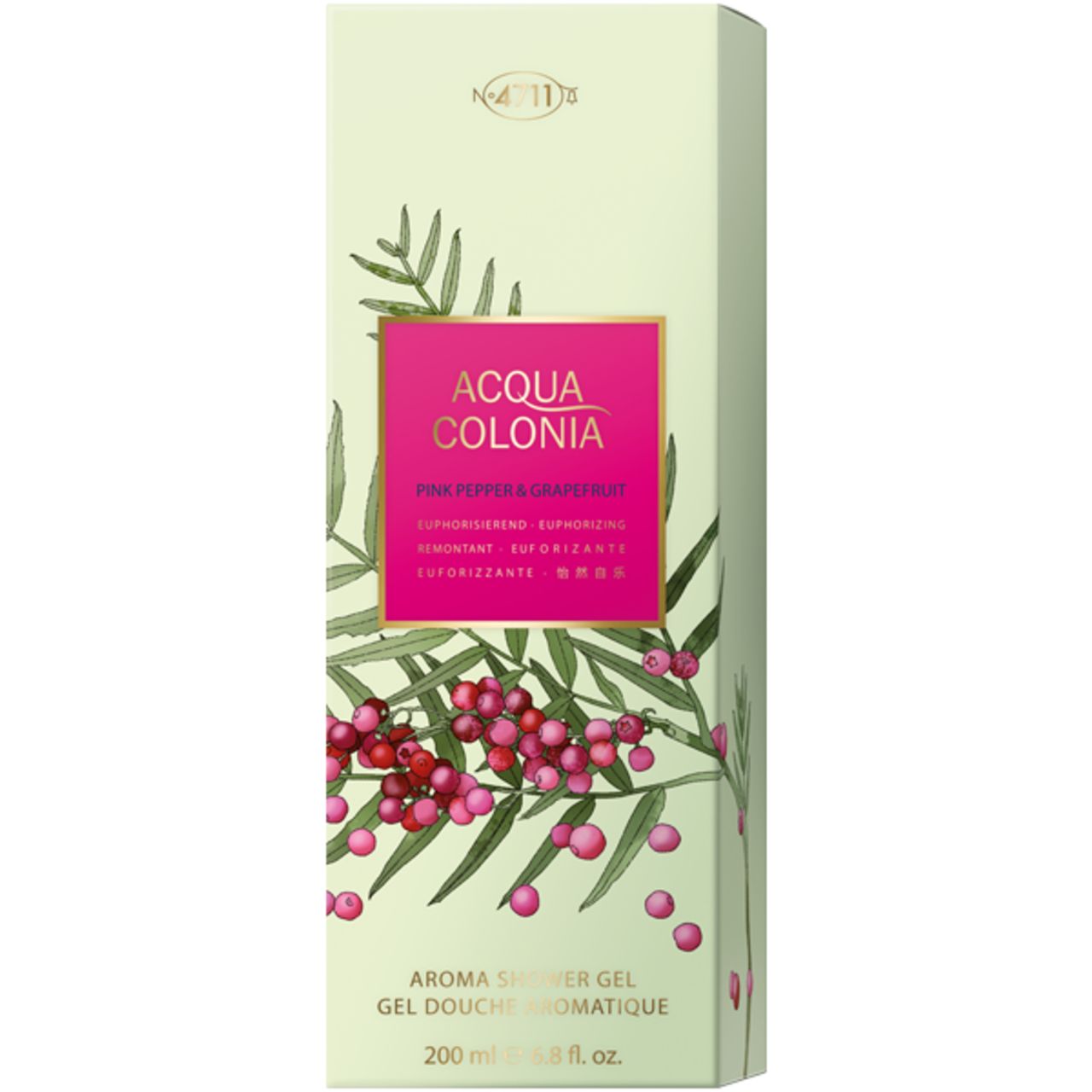 Confezione rettangolare con etichetta rosa. Testo: Acqua Colonia, Pink Pepper & Grapefruit, Aroma Shower Gel.