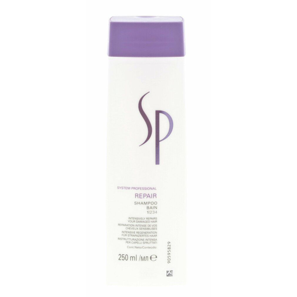 Shampoo bianco con tappo viola. Scritta SP, Repair Shampoo. 250 ml.