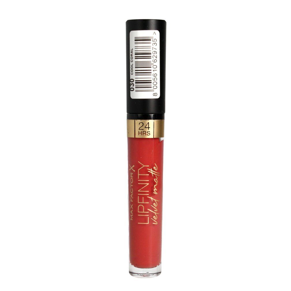 Rossetto Max Factor Lipfinity Velvet Matte 030 Cool Coral. Tonalità rossa. Tappo nero. Scritta: 24 HRS.