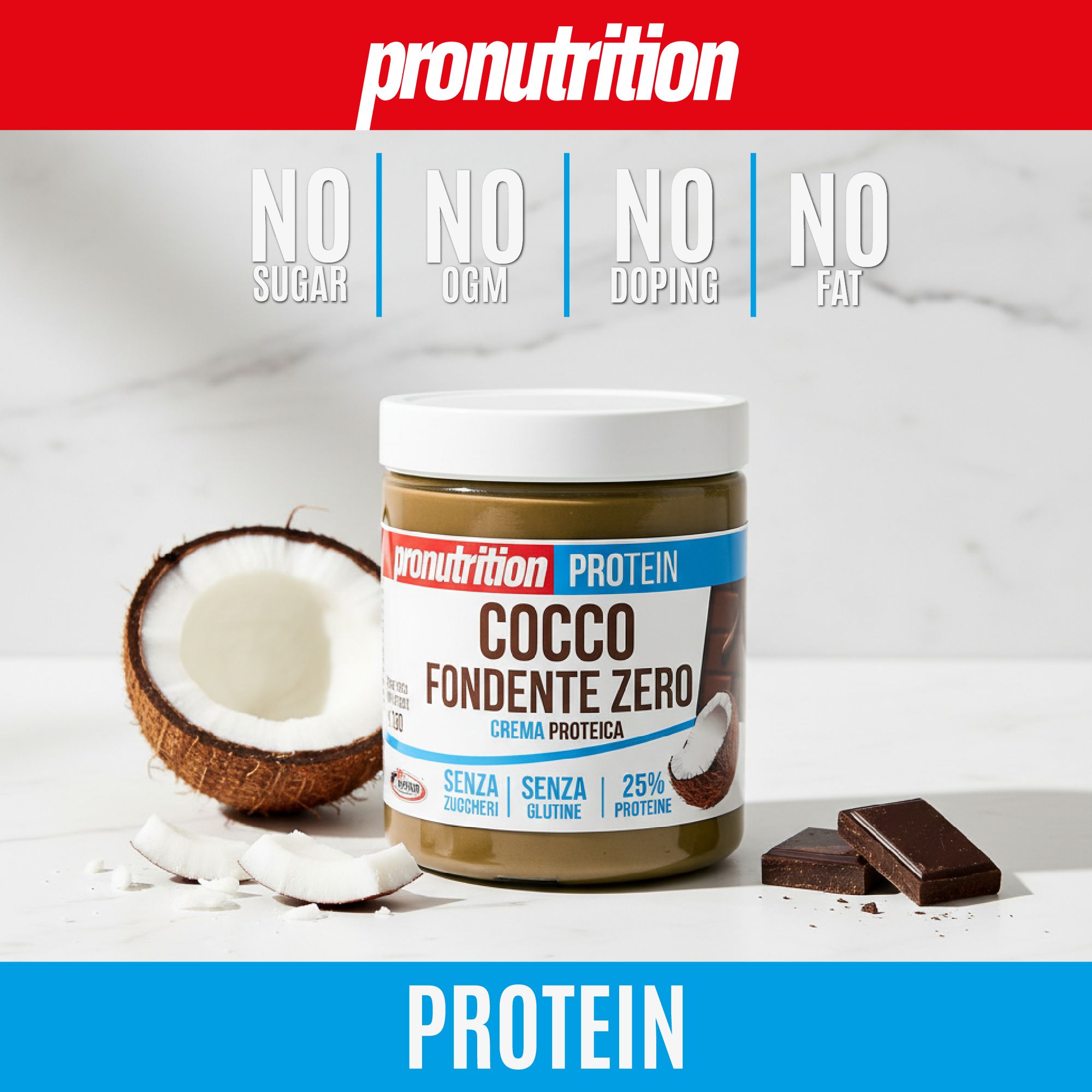 Vaso di crema cioccolato-cocco. Scritta: Cocco Fondente Zero. Metà cocco, pezzetti di cioccolato accanto. Testo: Senza zucchero, OGM, doping, grassi.