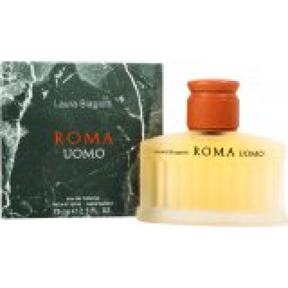 Flacone e confezione di Laura Biagiotti Roma Uomo. Flacone con tappo marrone, confezione verde con scritta.