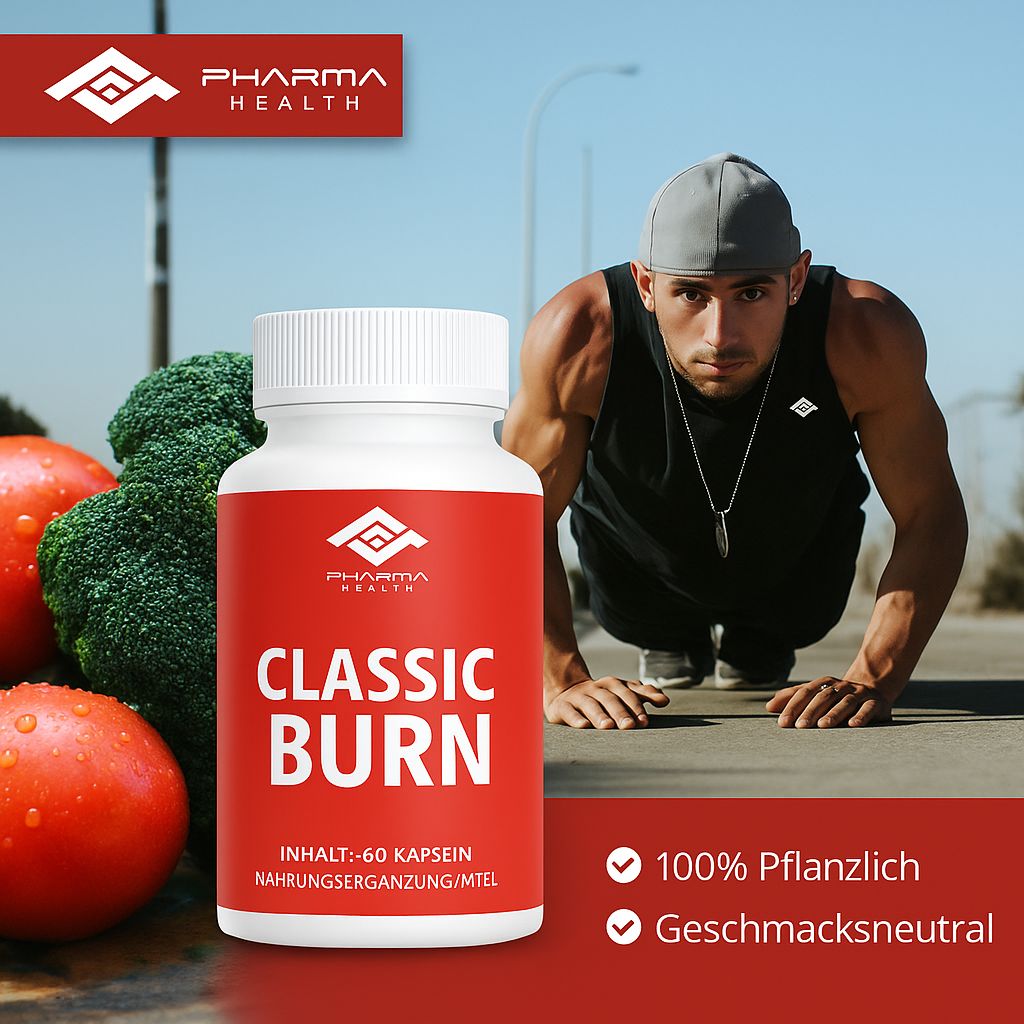 Flacone bianco con etichetta rossa. CLASSIC BURN, logo Pharma Health. Testo: 100% vegetale, insapore. Integratore alimentare.
