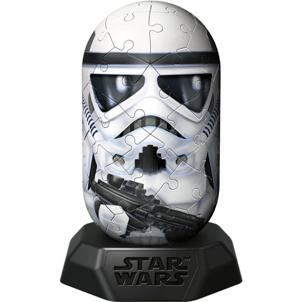 Puzzle 3D Stormtrooper bianco su base nera. Dettagli neri. Logo Star Wars.