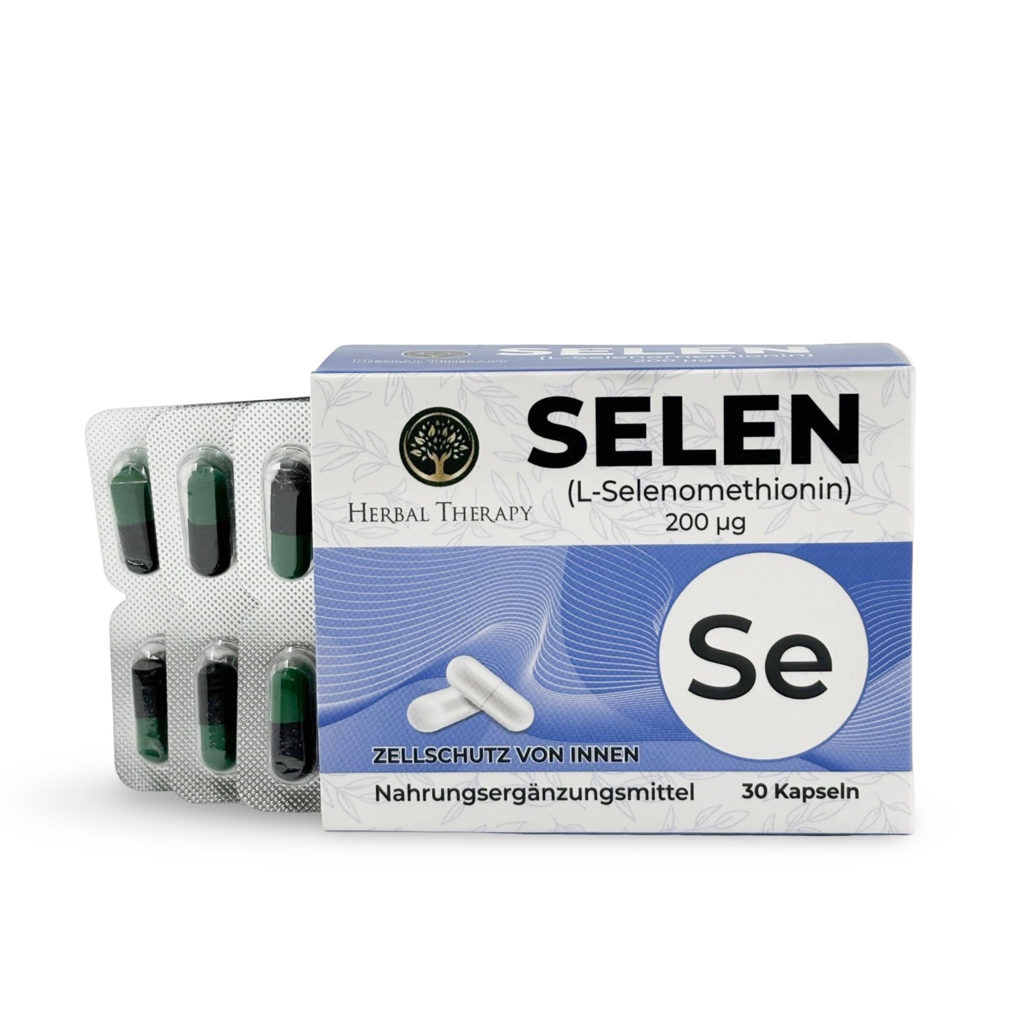 Scatola "SELEN (L-Selenometionina) 200 μg" con blister. Blister con capsule. Marchio: Herbal Therapy. 30 capsule.
