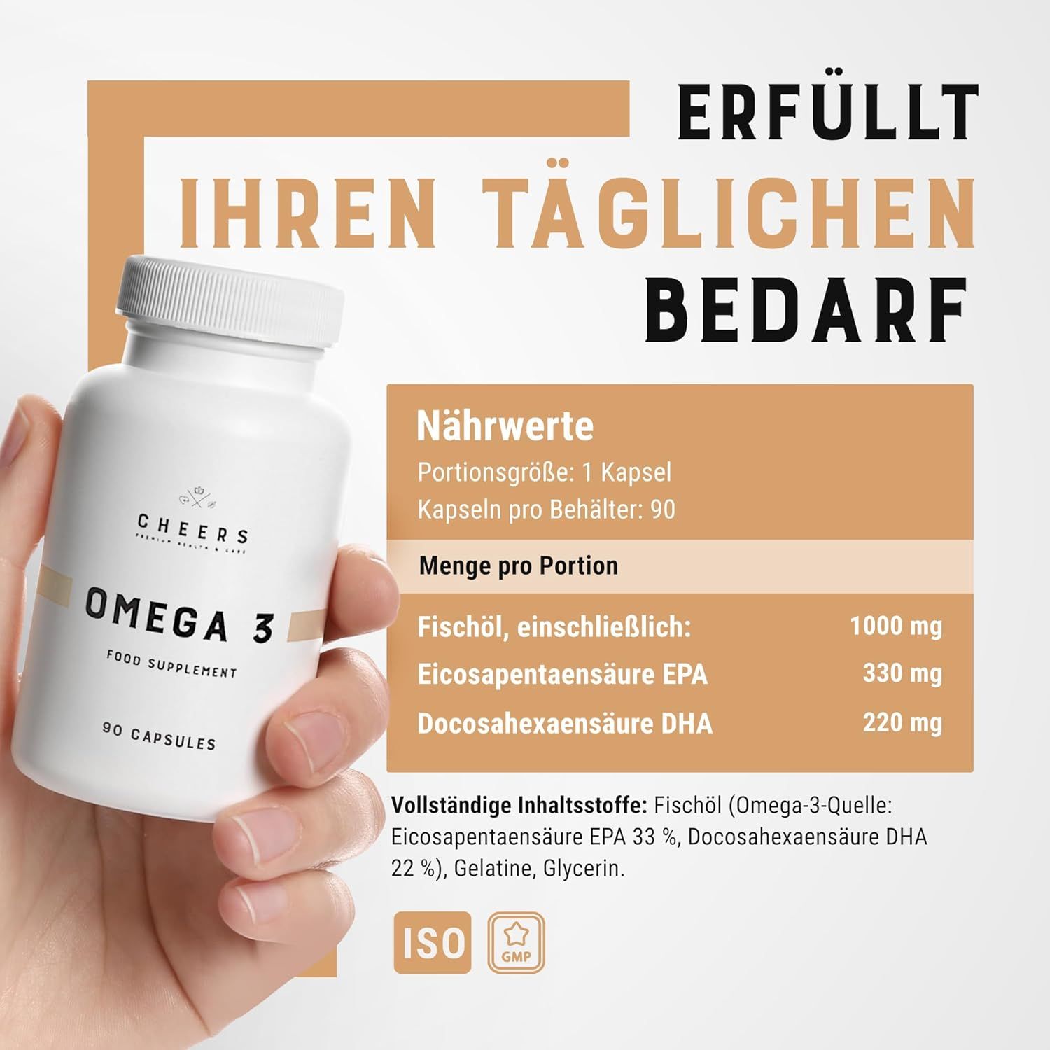 Mano che tiene flacone Omega 3. Testo: Soddisfa il tuo fabbisogno quotidiano. Valori nutrizionali: 1 capsula, 90 per contenitore.
